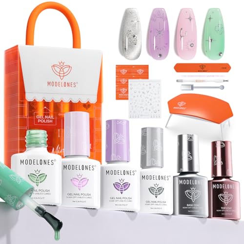 Modelones Spring Gel Nail Polish Kit with U V Light, Clear Cat Eye Jelly Pink Purple Green Manicure Set with Base Top Coat Lucky Gems Stickers 4 Colors Gel Mini Salon Nail Art Starter Gift for Women