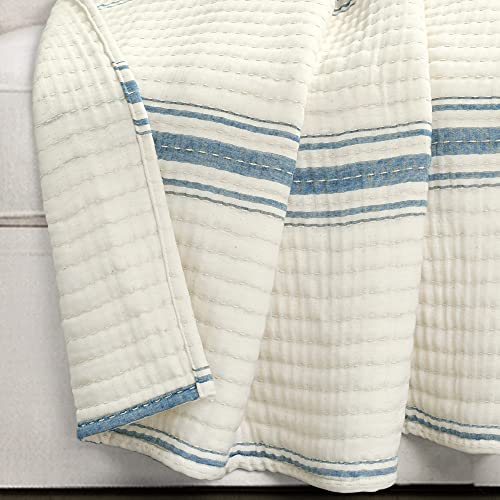 Image of Lush Decor Farmhouse Stripe Kantha Pick Stich Yarn Dyed Cotton Woven Throw Reversible Ticking Pinstripe Design Blanket, 50 inch x 60 inch, Blue