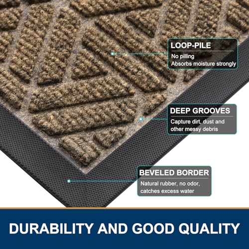 Smiry Front Door Mat Outside Entrance, Heavy Duty Natural Rubber Doormat, Trap Dirt and Moisture Easy Clean Low Profile Patio Porch Welcome Floor Mats for Entry, 36x24 Inch, Brown