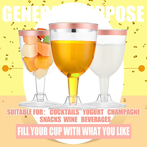 Thenshop 50 Pack 5 oz Plastic Champagne Flutes Clear Disposable Wine Glasses Cups with Stem Reusable Goblets Shatterproof Cocktail Cups for Mother\'s Day Wedding Party Holiday Dessert(Rose Gold Rim)
