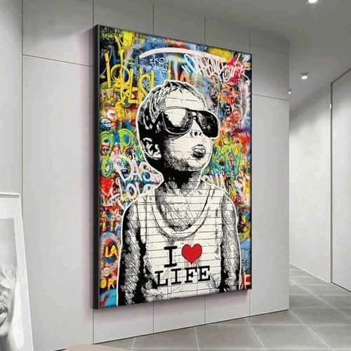 Grand cadre 70 x 100 cm avec toile street art garçon pour salon moderne