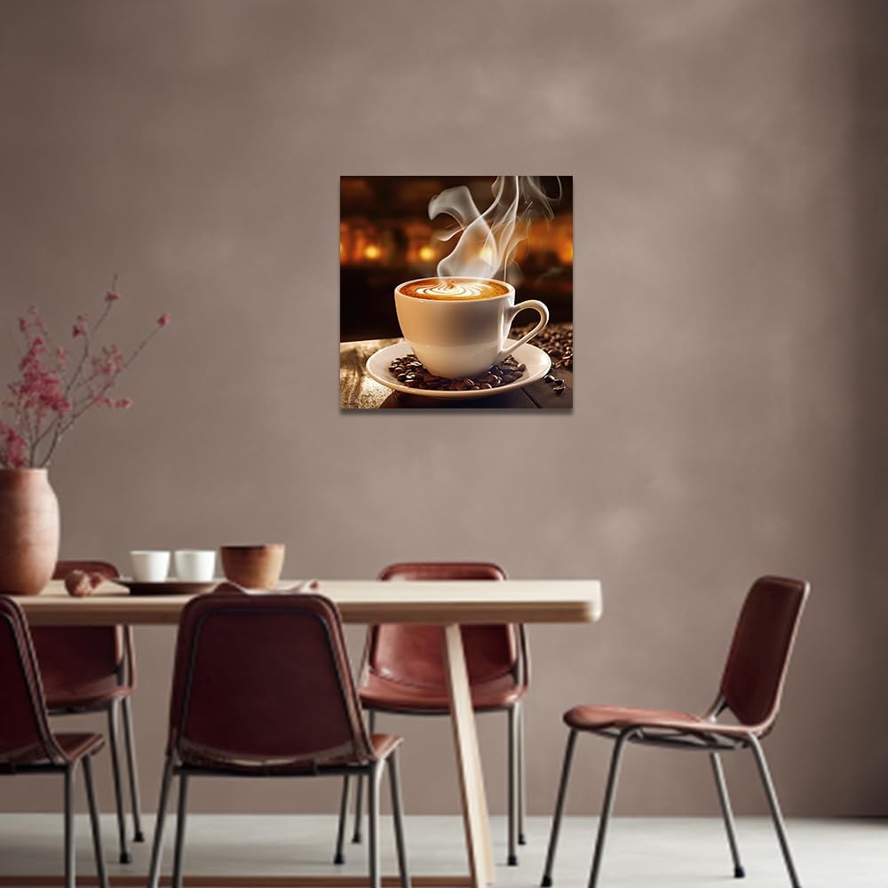 QIXIANG Coffee House Canvas Wall Art Brown a Cup of Coffee Paintings Prints Kitchen Picture Prints for Cafe Wall Decor Frame（Kitchen C，12.00" x 12.00"）