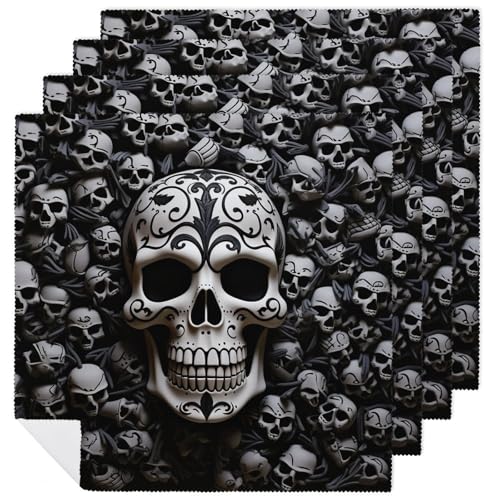 Servilletas de tela con calaveras blanco y negro 4 piezas miniatura 1