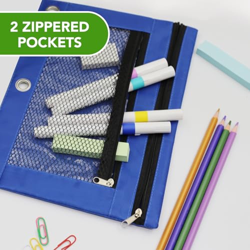 Image of Pencil Pouch for 3 Ring Binder, Heavy Duty Canvas Dual Zipper Pen Bag with Clear Window, Smooth Metal Zipper, Fit Standard 3-Ring Binders for School Office Travel Supplies (Blue)
