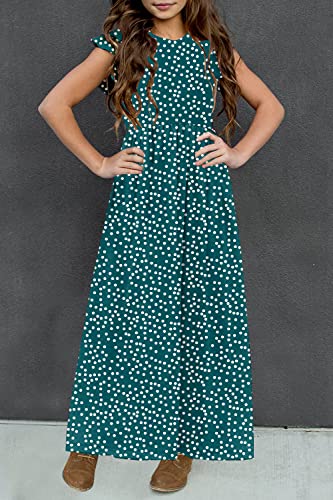 Hosika Girls Summer Boho Polka Dot Ruffle Sleeve Casual Swing A Line Beach Long Dress Dark Green 12 Years #TOP1