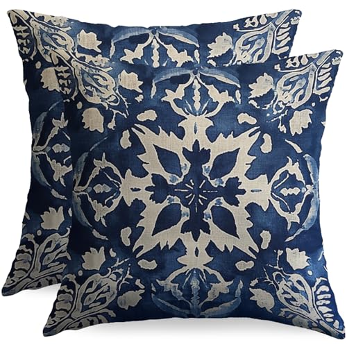 sorfbliss Blue Cream White Boho Pillow Covers 20x20 Set of 2 Carpet Floral Pattern Print Decorative Throw Pillowcases Outdoor Farmhouse Cushion Cases Decoration for Home Sofa Couch Bed
