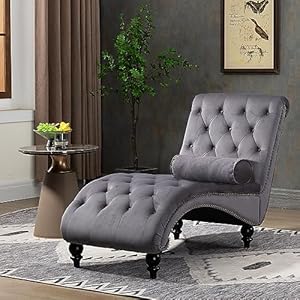 binzida Velet Chaise Lounge Indoor,Button-Tufted Upholstered Chaise Lounge Chair with Pillow for Bedroom Living Room Office Modern Backrest Leisure Recliner Sleep Sofa,Grey