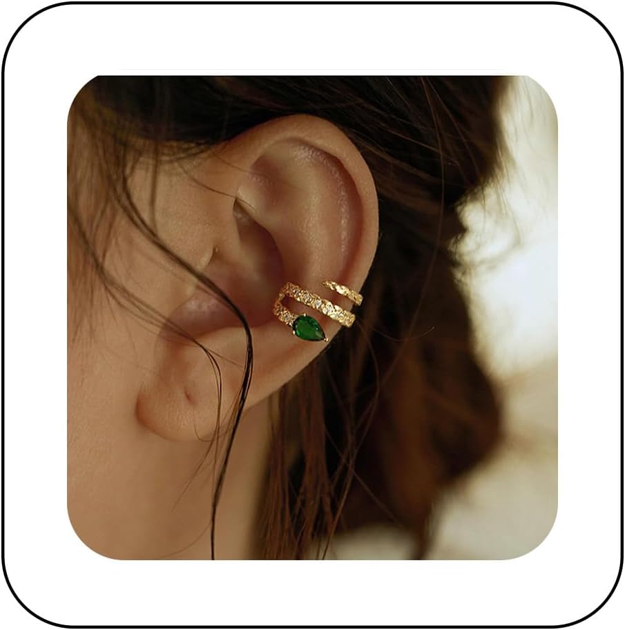 Vintage Crystal Snake Ear Cuff Earrings - Emerald Cz Snake Cartilage Cuff Wrap Earrings - Non-Pierced Clip On Jewellery for Women