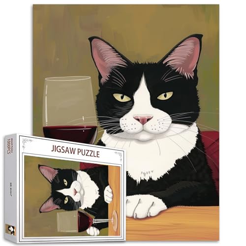Schwarze und weiße Katze trinkt Wein Puzzles für Erwachsene 1000 Stücke, Rotwein Glas Jigsaw Puzzle 20x27 Zoll Bunte Kätzchen Puzzles Familie Puzzle perfekt für Spiel Abende nach Hause Wanddekoration