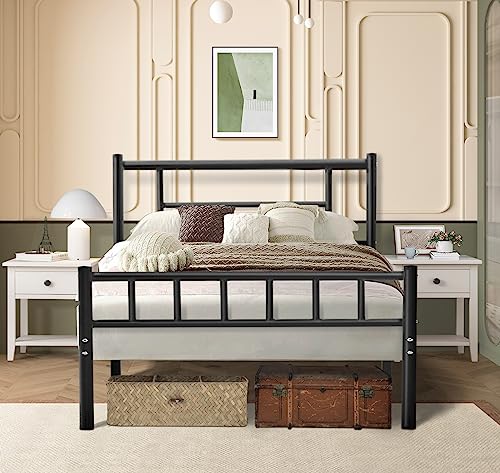 Hombck Twin Bed Frames With Headboard, Platform Bed Frame With Storage, 14 Inch Twin Bed Frames For Kids, 600Lbs Heavy Duty Steel Metal Bed Frame No Box Spring Needed, Noise Free, Black #TOP2