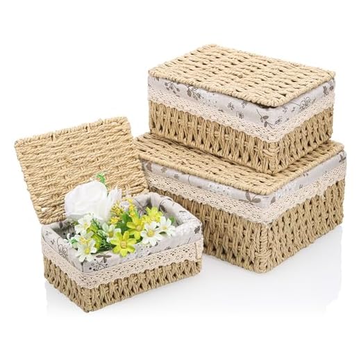3piezas Cestas Almacenaje con Tapa, Cesta Mimbre Pequeña el Baño Dormitorio, Cajas Almacenaje Decorativas, Cestas Organizadoras de Papel, Cestitas de Mimbre con Forro Extraíble