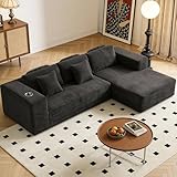 BonVache Ecksofa mit 3 Halskissen, Cloud Boneless Couch mit Seitenfach und Tassenhalter, Cord Schlafsofa L Form, Tiefer Sitzfläche, Sofa mit Rechte Chaiselongue, für Wohnzimmer, Schwarz
