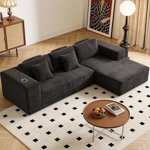 BonVache Ecksofa mit 3 Halskissen, Cloud Boneless Couch mit Seitenfach und Tassenhalter, Cord Schlafsofa L Form, Tiefer Sitzfläche, Sofa mit Rechte Chaiselongue, für Wohnzimmer, Schwarz