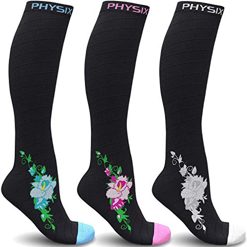 Physix Gear Sport 3 Pairs of Compression Socks for Men & Women in (Black/Pink + Black/Grey + Black/Blue) S-M Size