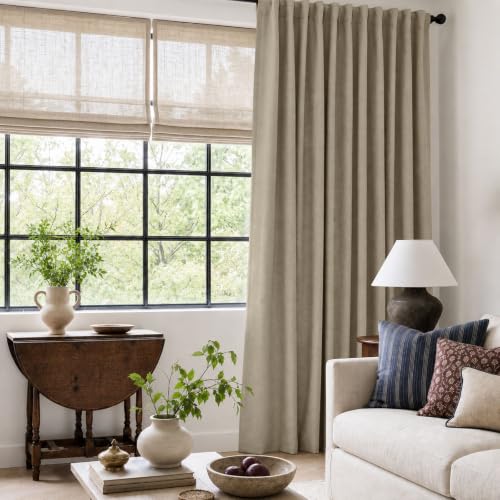Image of Faux Linen Total Blackout Sliding Door Curtains 90 Inches Long, Plaza Taupe | 100% Blackout Shield Back Tab /Rod Pocket Sliding Door Curtains, Thermal Insulated Curtains 1 Panel Set, 100 inchW x 90 inchL