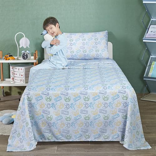 Image of Viviland 4 Pieces Boys Grey Full Sheet Set - Soft Microfiber Fitted Flat Sheets & Pillowcase - Game Player Paddle Printed Bedding Sets - for Kids & Toddlers
