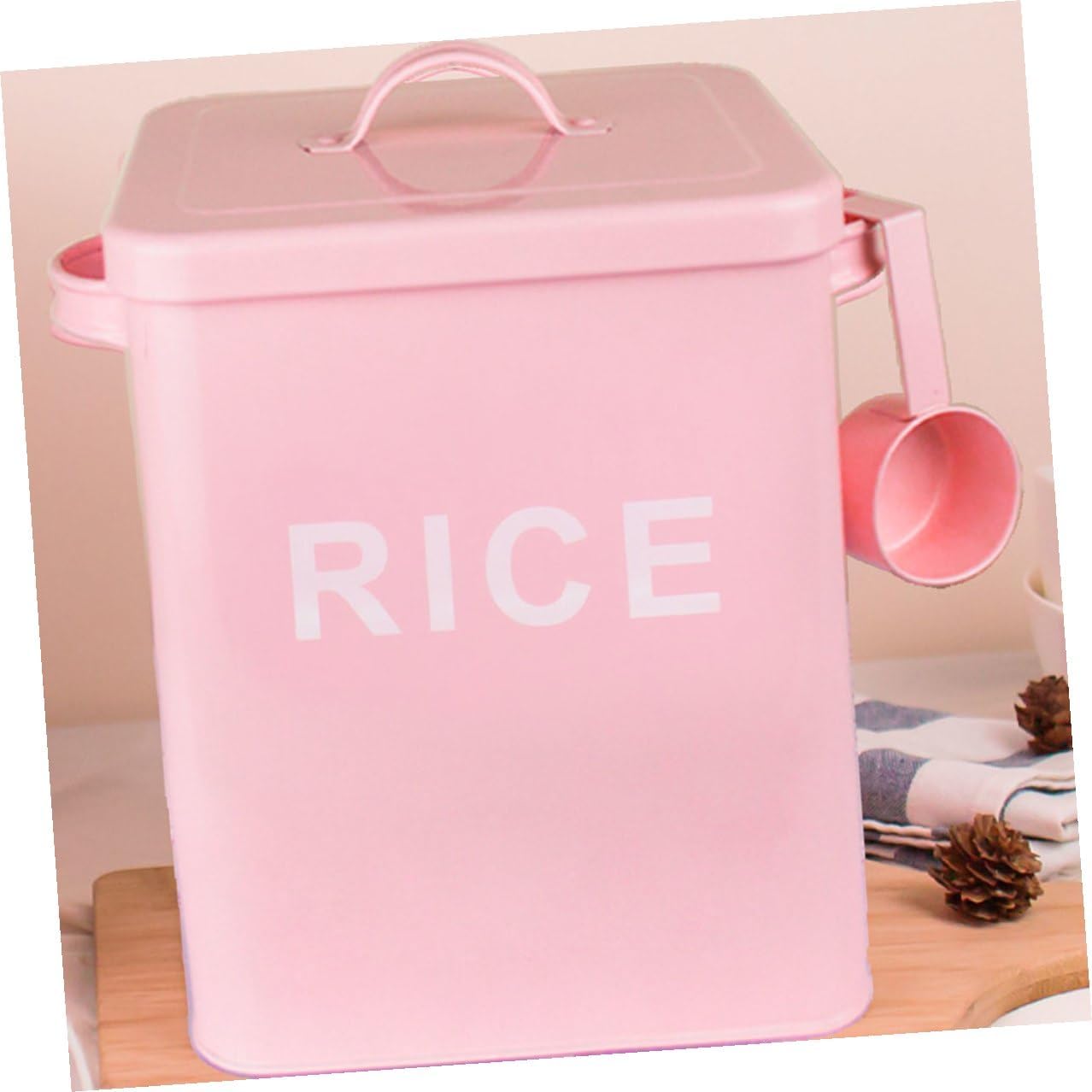 Pet Food Storage Bucket Airtight Iron Rice Container with Measuring Cup Pink Moisture-proof Food Sealing Bin for Dog and Cat Feeding at Home