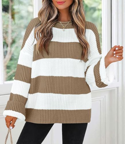 Image of ZESICA Women's 2025 Fall Long Sleeve Oversized Striped Color Block Comfy Loose Crew Neck Knitted Pullover Sweater