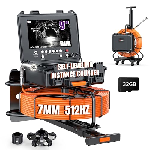 Hialemi Portable 9'' Sewer Camera with 512Hz Transmitter - 7MM/ 300Ft/ 91.5M Self Leveling Drain...