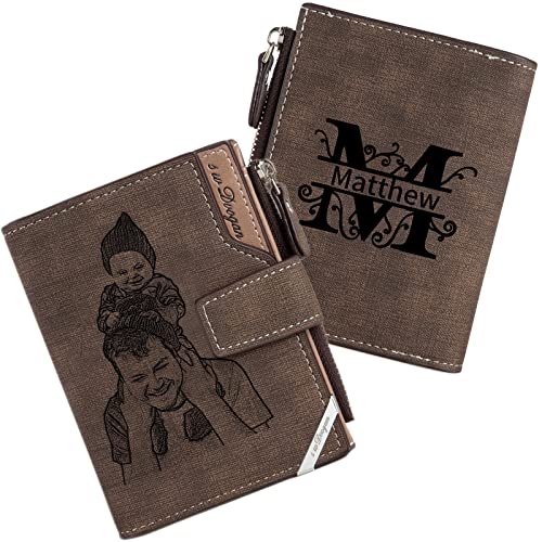 Nobelook Personalized Wallet for Men with Photo Monogram Name Custom Engraved Mens Wallets Bifold Short Leather Wallet Purse for Father Dad Grandpa Husband Son BF Gift Brown