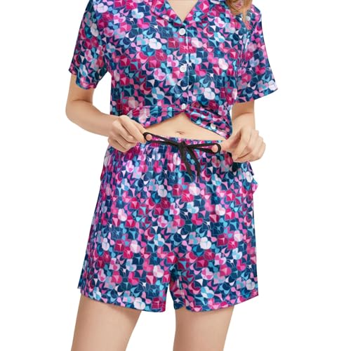 Image of Funny Pajamas for Women Set Print Satin Loungewear Pjs Short Sleeve Button Down Top and Shorts Sets Sleepwear XS-3XL
