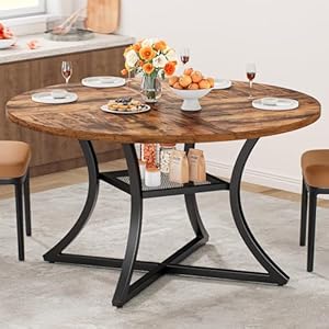 IRONCK 47.2″ Round Dining Table for 4, Wood Kitchen Table with Storage Shelf for Dining Room, Dinner Table with Wooden Tabletop and Metal Base, Rustic Brown