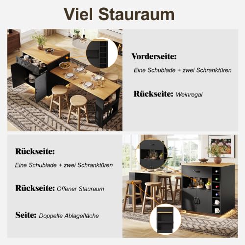 Îlot Central Cuisine avec Rangement et Plan de Travail, Meuble Cuisine Buffet Bar avec Table Extensible, îlot de Cuisine MDF 80 x 70 x 95,5 cm, 2 tiroirs 4 Portes, Noir/Blanc
