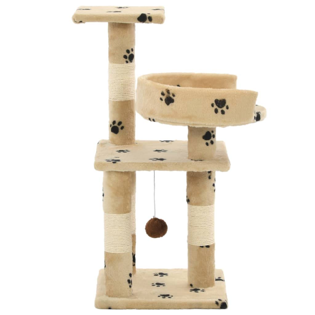 Katzenkratzbaum 65 cm Kleiner Kratzbaum Fuer Katzen mit Sisal-Kratzsaeule und Spielball - Kletterbaum mit Aussichtsplattform, Pfoten-Muster Beige