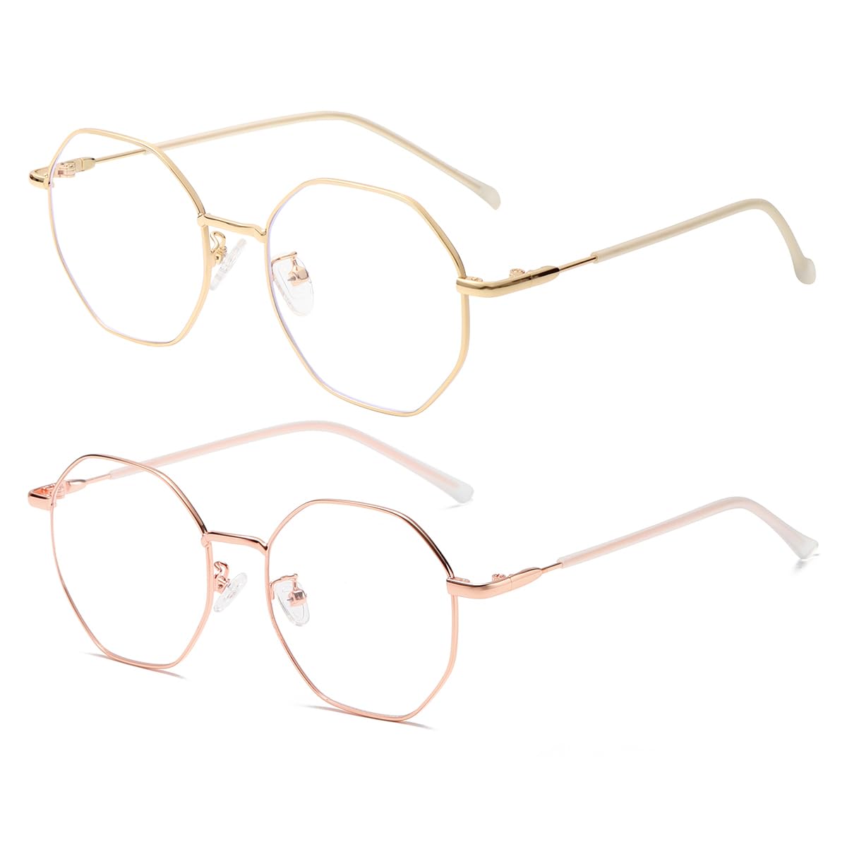 Jovakit Blaulicht-Polygon-Brille für Damen und Herren, Vintage-Stil, achteckig, nicht verschreibungspflichtig, Metall