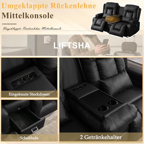 LIFTSHA Zweisitzer Relaxsessel mit Liegefunktion, Fernsehsessel Elektrisch Verstellbar mit Heizung & Vibrierende Massage, TV Sessel Heimkino Sitze mit Multimedia Mittelkonsole, Kunstleder, Schwarz – Bild 6