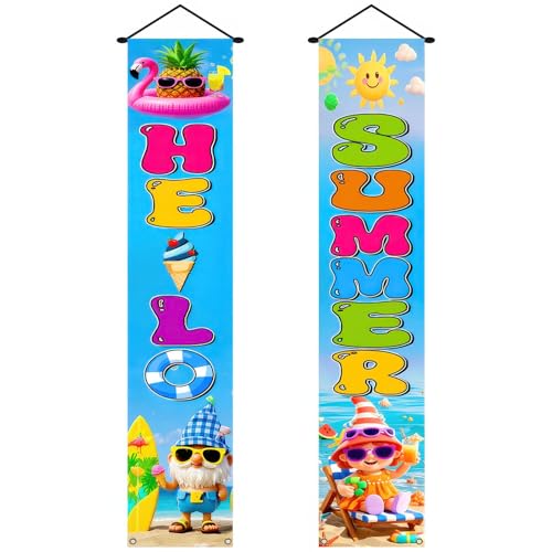 Image of BlissYard 2pcs Welcome Summer Door Banner Hawaiian Gnome Porch Banners Sign Summer Sunshine Beach Front Door Hanging Decor Banner for Seasonal Home Hawaii Tropical Party Outdoor Decorations