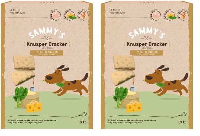 Sammy´s Knusper-Cracker | Herzhafte Snacks für Hunde | Knusper-Cracker mit Käse- und Spinatfüllung | 1 x 1 kg (Packung mit 2)