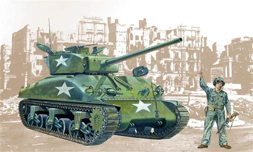 Assembled Italeri M4A1 Sherman 1:35 tank model with crew figures
