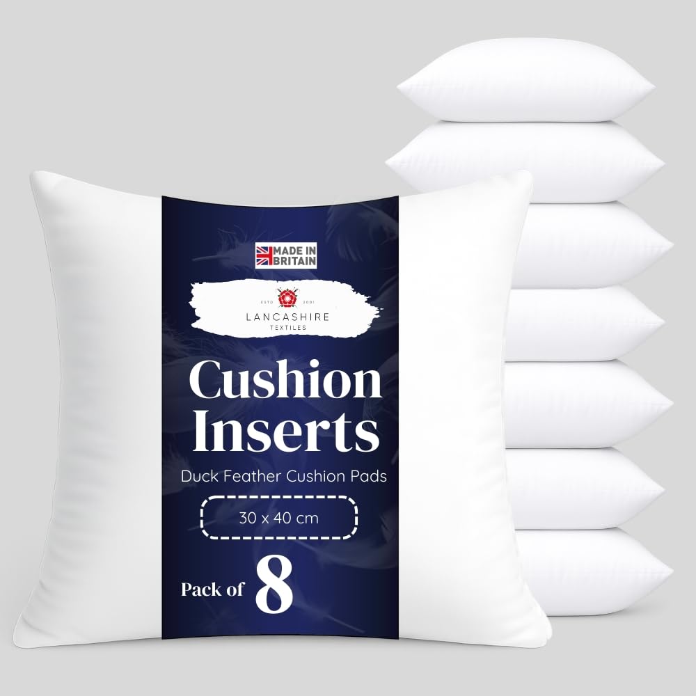 Lancashire Textiles 8 Pack Duck Feather Cushion Pads Generously Filled With Ethically Sourced Feathers Encased In Pure Cotton Cambric Cover - Pack Of 8-26" X 26" (65Cm X 65Cm)