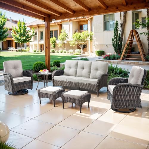 Belord 6 Piece Patio Conversation Sets - Wicker Patio Furniture Sets with Outdoor Swivel Rocker Chairs Outdoor Couch Perfect for Deck Patio Backyard, Brown Wicker Beige Cushion