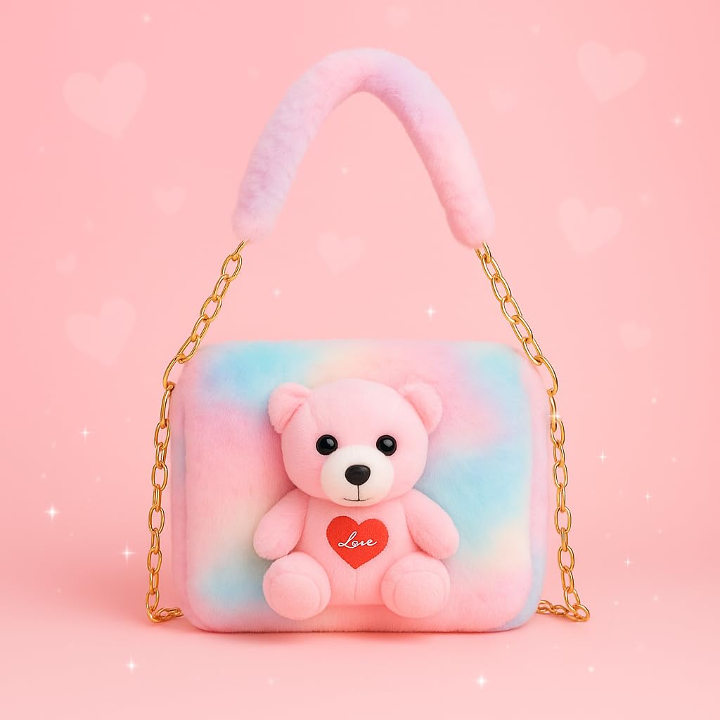 CULT FACTORY Girls Sling Bag Cute Sling Bag Combo for Kids Teddy Slingbag Mini Handbag Combo Fur Toy Bag (Pink) 3