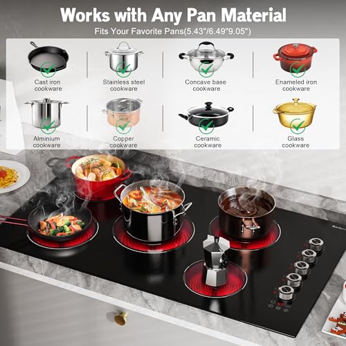 Image of 36 Inch Electric Cooktop 5 burner Karienvir, 8900W Built-in Electric Stove Top, Cooktop 36 inch with Double-ring Burner, Knob & Touch Control, 9 Power Levels, Timer, Safety Lock, 220V-240V Hard Wire