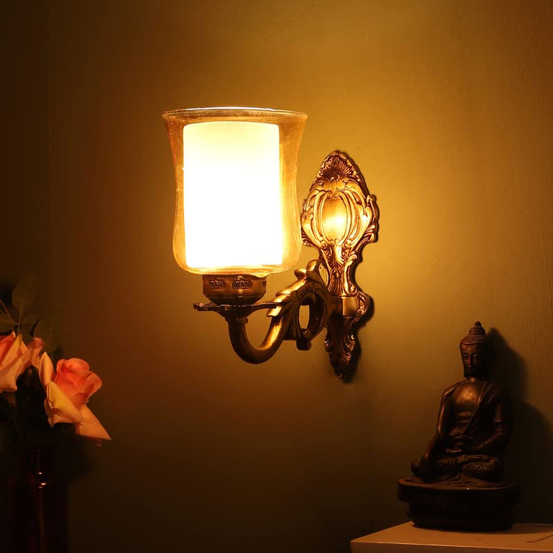 Image of ELIANTE Antique Brass Metal Wall Light with Glass Shade - Vintage Decorative Wall Lamp for Living Room Bedroom Hallway Dining Decor | 3 Years Warranty | Free - LED LAMP