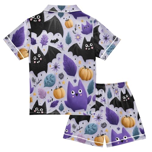 Satin Pajama Sets Short Sleeve Halloween Themed Bat Pattern Design Button Down Silky Nightwear 2 Piece PJS 5-14Y2