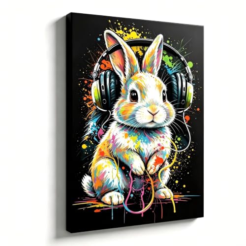 Tableau lapin casque coloré 65x130cm décoration moderne sur toile avec cadre interne pour salon