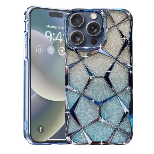 Image of VONZEE Compatible with iPhone 15 Pro Gradient Glitter Case, Luxury Electroplated Geometric 3D Cube, Diamond Bling Shiny Soft TPU Clear Shockproof Case Women Girls Protective Phone Cover (Blue)