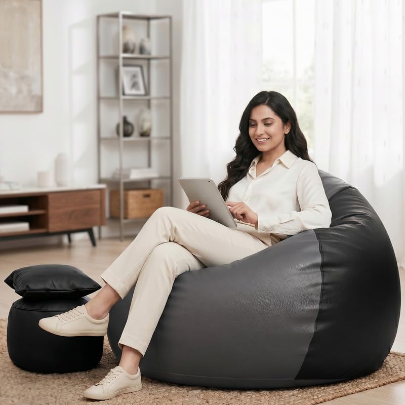 Image of Biggie Bean Bag 5XL Bean Bag Chair with Beans Filled - The Classics Bean Bag Sofa - Combo Set-Styled for Elegance with Free Cushion & Footrest (Matching Color : Xudor Dark-Grey-Black)