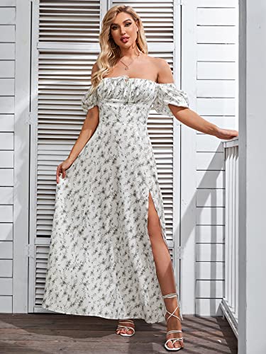 Image of KUTUMAI Women Summer Puff Sleeve Off Shoulder Floral Flowy Long Maxi Dress