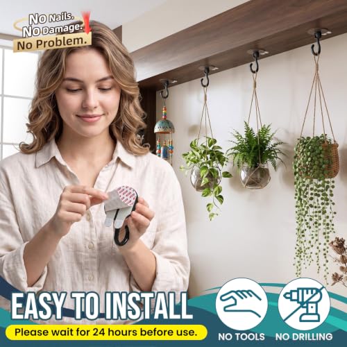 Image of TAILI Adhesive Ceiling Hooks for Hanging Plants, No-Drill 4 Pack Wood Grain