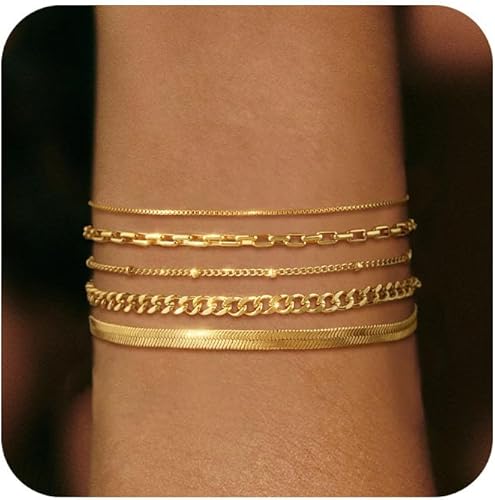 Bracelet for Women - Dainty Stack Bracelets Trendy Adjustable 14K Gold Plated Thin Paperclip Bead Box Satellite Figaro Cuban Link Chain Bracelet Set for Women Waterproof Jewelry Gift