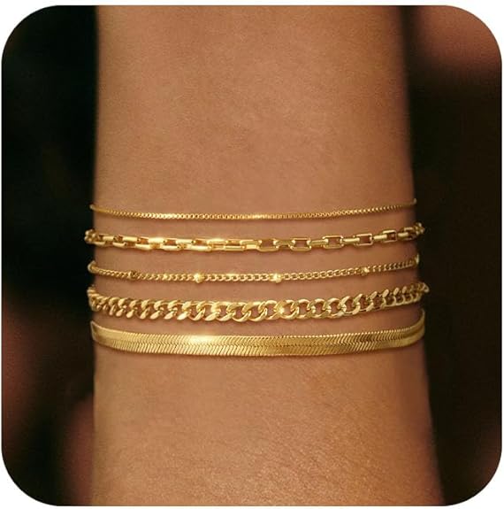 Bracelet for Women - Dainty Stack Bracelets Trendy Adjustable 14K Gold Plated Thin Paperclip Bead Box Satellite Figaro Cuban Link Chain Bracelet Set for Women Waterproof Jewelry Gift
