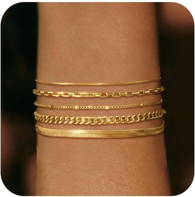 Bracelet for Women - Dainty Stack Bracelets Trendy Adjustable 14K Gold Plated Thin Paperclip Bead Box Satellite Figaro Cuban Link Chain Bracelet Set for Women Waterproof Jewelry Gift