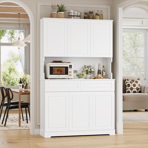 Image of FACBOTALL 74 inch Pantry Cabinet, Tall Kitchen Pantry Cabinet with 6 Doors and 2 Drawers, Kitchen Hutch with Wide Countertop, Modern Kitchens Cupboard with Adjustable Shelves and Charge Holes, White