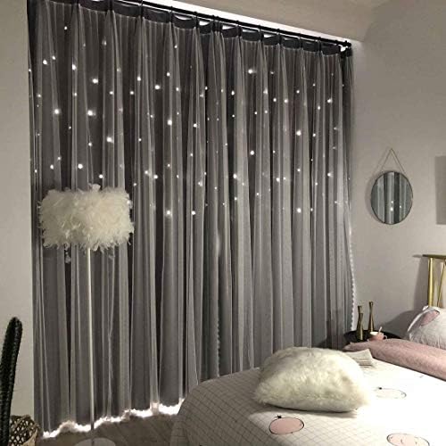 UNISTAR 2 Panels Stars Blackout Curtains for Bedroom Kids Baby Window Curtain Double Layer Star Cut Out Living Room Decor Wall Home Decorations Curtain,W52 x L63 Inches,Grey