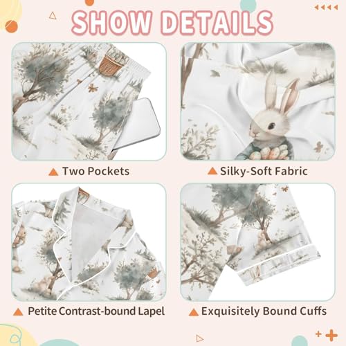 senya Watercolor Cute Bunnies 1 Satin Summer Pajama Sets Silk Short Sleeve Button Down Sleepwear3